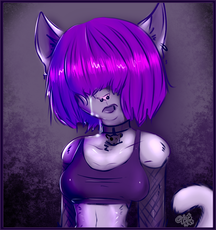 2018 anthro breasts cartoonist cat clothed clothing collar crying digital_drawing_(artwork) digital_media_(artwork) emo feline female fur hair madnessandgiovanni0595 mammal piercing pink_hair shirt simple_background solo standing tears white_fur