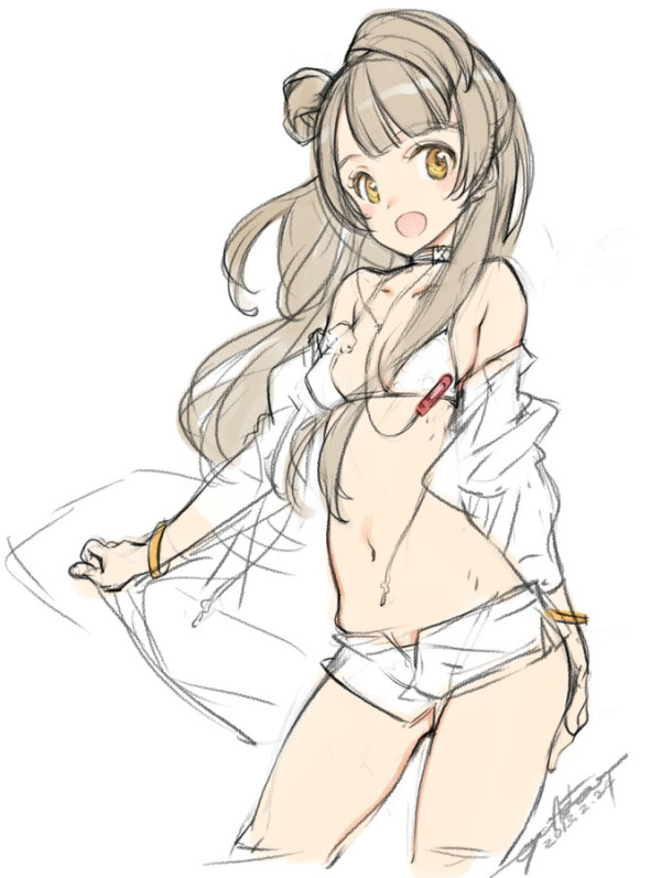 2013 :d artist_name bikini_top bracelet breasts brown_eyes brown_hair choker dated digital_media_player earphones jacket jewelry long_hair love_live! love_live!_school_idol_project minami_kotori ooyari_ashito open_mouth short_shorts shorts signature sketch small_breasts smile solo
