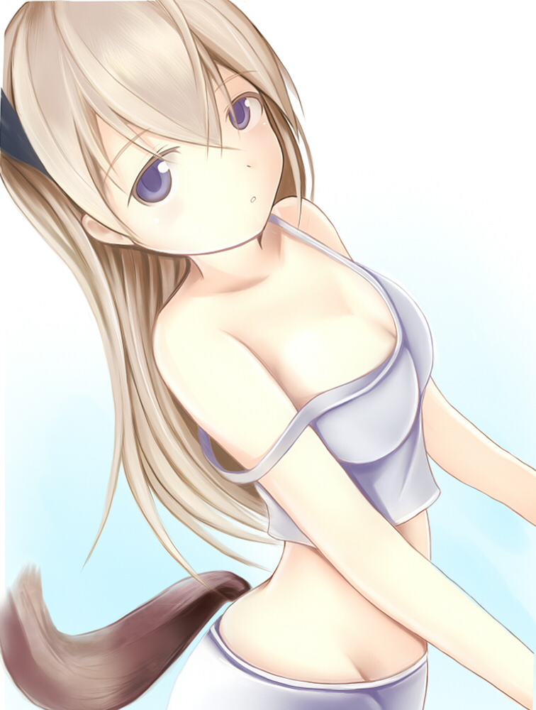 bare_shoulders blonde_hair breasts collarbone eila_ilmatar_juutilainen long_hair looking_at_viewer medium_breasts midriff nannacy7 purple_eyes simple_background solo strap_slip strike_witches tail white_background world_witches_series