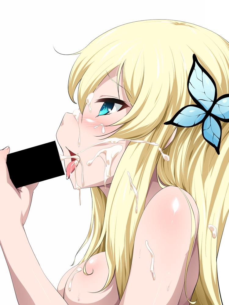 aqua_eyes blonde_hair blush boku_wa_tomodachi_ga_sukunai breasts butterfly_hair_ornament censored chance_maker cum cum_in_mouth cum_on_body cum_on_breasts cum_on_hair cum_on_tongue cum_on_upper_body ejaculation face facial fellatio hair_ornament hetero kashiwazaki_sena long_hair medium_breasts nude open_mouth oral profile simple_background solo_focus sweat tongue tongue_out white_background