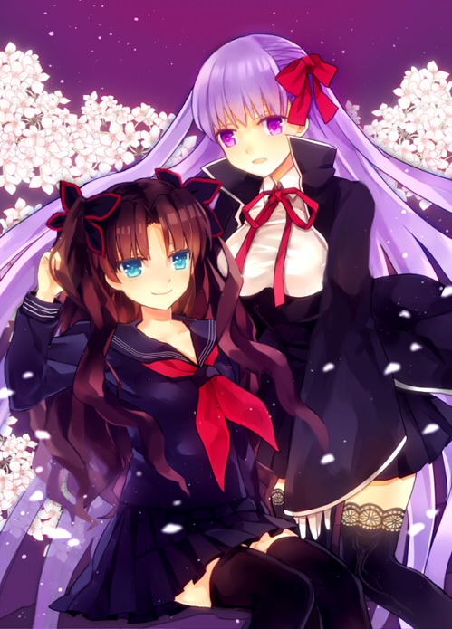 bad_id bad_pixiv_id bb_(fate)_(all) bb_(fate/extra_ccc) black_legwear blue_eyes brown_hair fate/extra fate/extra_ccc fate_(series) hair_ribbon lace lace-trimmed_thighhighs long_hair multiple_girls purple_eyes purple_hair ribbon school_uniform serafuku thighhighs toosaka_rin toriatte two_side_up very_long_hair