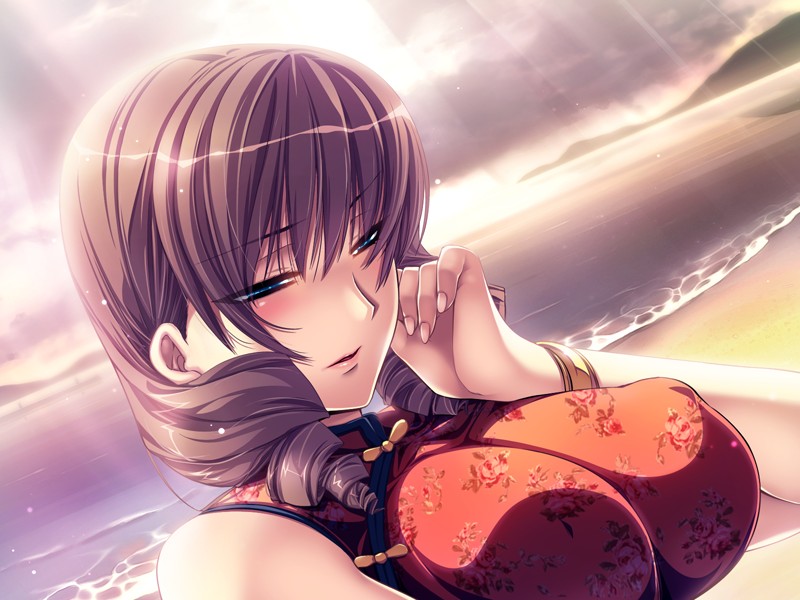 1girl ane_summer_2 bare_shoulders beach blue_eyes blush bracelet breasts brown_hair china_dress chinese_clothes cloud clouds dress drill_hair embarrassed erect_nipples fujisaka_kuuki game_cg jewelry large_breasts long_hair ocean outdoors sand sky solo sunlight water