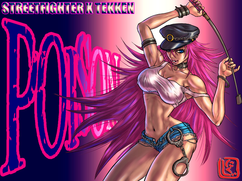 abs armband armlet bangle big_hair blue_eyes blue_shorts bracelet breasts choker collar contrapposto cuffs cutoffs denim denim_shorts final_fight handcuffs hat jewelry large_breasts lips lipstick long_hair makeup midriff navel nikuji-kun off_shoulder peaked_cap pink_hair poison_(final_fight) riding_crop shorts slender_waist solo standing street_fighter street_fighter_x_tekken tank_top thighs toned