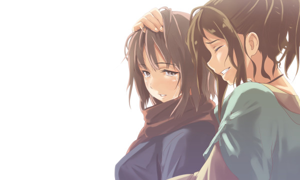 blush brown_hair closed_eyes crying crying_with_eyes_open grin hand_on_another's_head long_hair multiple_girls original scarf short_hair smile tears yui_7