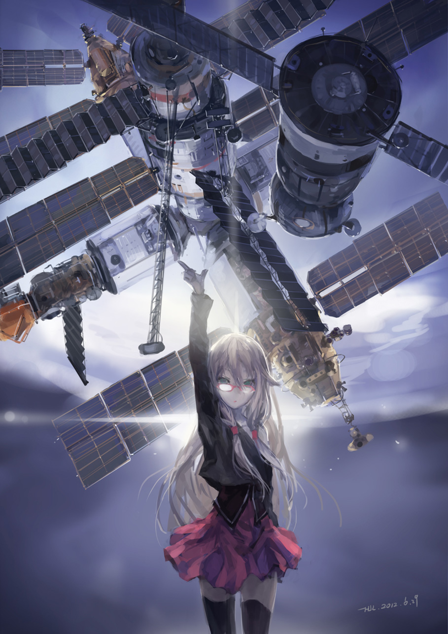 2012 arm_up artist_name black_legwear blonde_hair blue_eyes dated glasses hair_ornament highres hjl ia_(vocaloid) long_hair looking_at_viewer red-framed_eyewear skirt solo soyuz space_station thighhighs vocaloid
