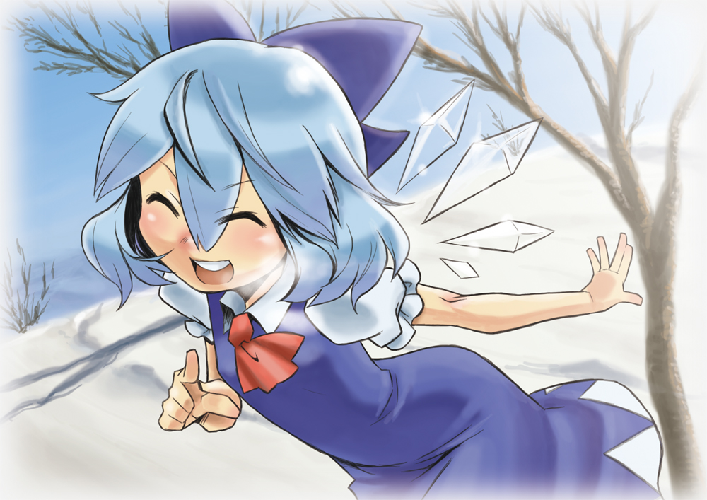 blue_hair bow cirno dress hair_bow ice ice_wings laughing miyaji pointing pointing_at_viewer short_hair solo touhou wings