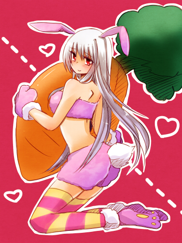 animal_ears bad_id bad_pixiv_id blush breasts bunny_ears bunny_tail carrot crop_top gloves heart kneeling long_hair lowres lyrical_nanoha mahou_shoujo_lyrical_nanoha mahou_shoujo_lyrical_nanoha_a's medium_breasts mikaze paw_gloves paws red_eyes reinforce shorts silver_hair single_hair_intake smile solo striped striped_legwear tail thighhighs