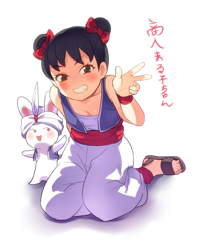 arabian_clothes black_hair blush bow bunny character_request cosplay double_bun dragon_quest dragon_quest_iii flat_chest full_body grin hair_bow merchant_(dq3) merchant_(dq3)_(cosplay) naso4 sandals smile v vest