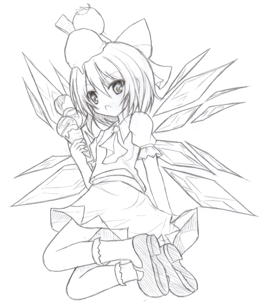ascot bow cirno food food_on_head hair_bow ice_cream ice_cream_cone mary_janes monochrome object_on_head open_mouth shoes short_hair skirt skirt_set solo touhou wings yuuhagi_(amaretto-no-natsu)