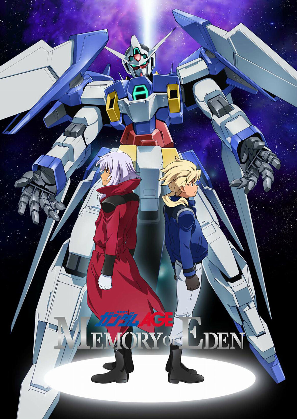 age_system asem_asuno back-to-back back_to_back blonde_hair glowng_eyes gundam gundam_age gundam_age_2_normal highres mecha outstreched_arms outstretched_arms ponytail space uniform white_hair zeheart_galette