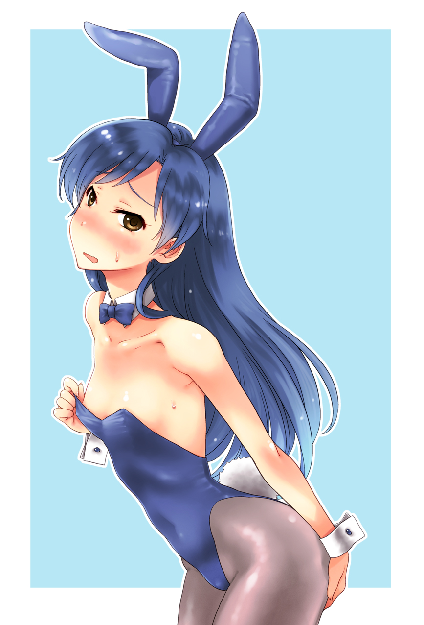 animal_ears areolae bare_shoulders blue_hair blush bow bowtie breasts brown_eyes bunny_ears bunnysuit fuyube_rion highres idolmaster idolmaster_(classic) kisaragi_chihaya leaning_forward long_hair looking_at_viewer pantyhose small_breasts solo sweat wrist_cuffs