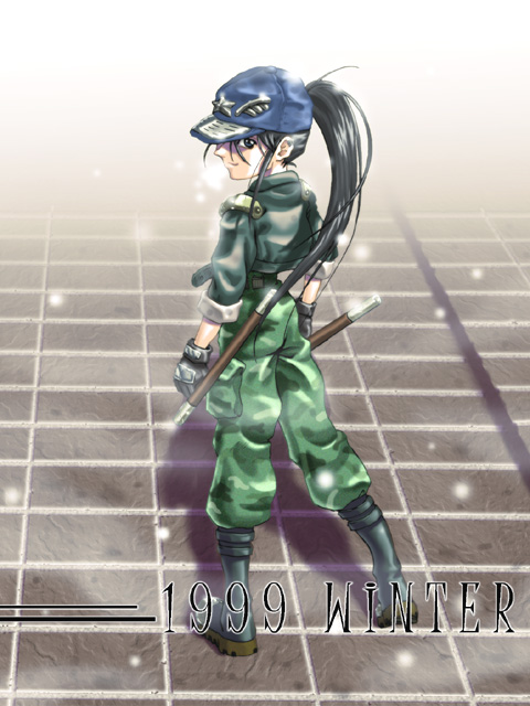 1girl baseball_cap baton black_hair boots cargo_pants combat_boots cropped_jacket from_behind full_body gloves hat kouno_youko last_bronx long_hair pants ponytail shieo sleeves_rolled_up solo