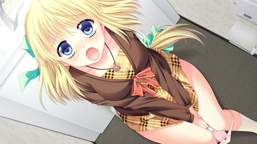 artist_request blonde_hair blue_eyes blush bow bow_panties game_cg jewelry love-ressive necklace open_mouth otonashi_ophilia_reo panties panty_pull pink_panties solo toilet toilet_use underwear