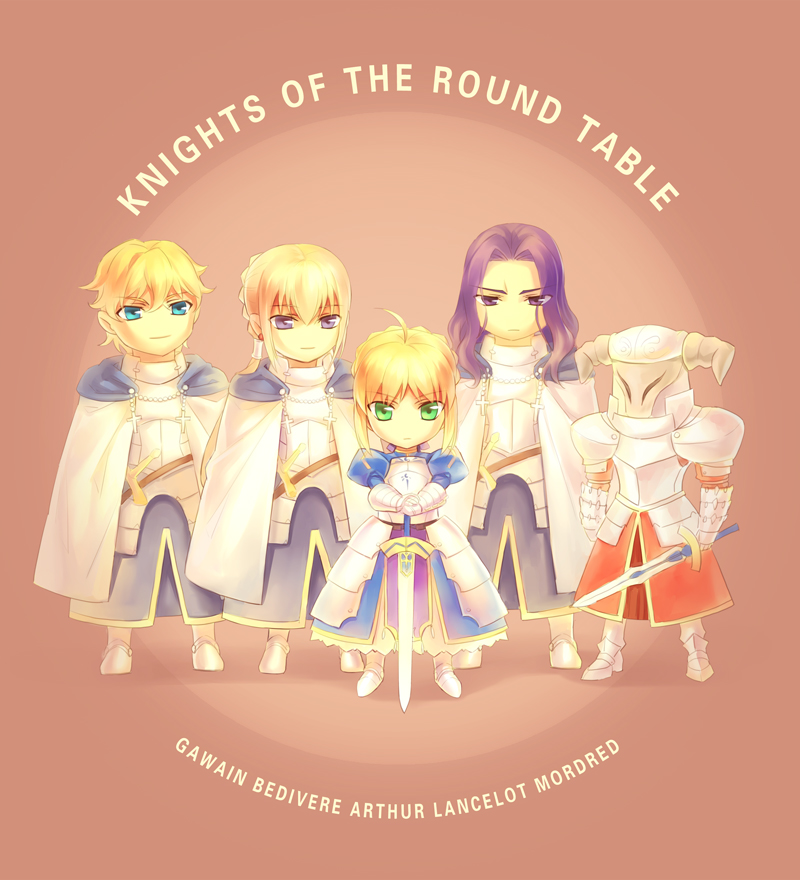 3boys armor armored_dress artoria_pendragon_(all) bedivere berserker_(fate/zero) blonde_hair blue_eyes cape chibi clarent excalibur fate/apocrypha fate/extra fate/stay_night fate/zero fate_(series) gawain_(fate/extra) green_eyes hat kanmuri_(hanyifan30338) knights_of_the_round_table_(fate) lancelot_(fate/zero) mordred_(fate) mordred_(fate)_(all) multiple_boys multiple_girls purple_hair saber sword weapon