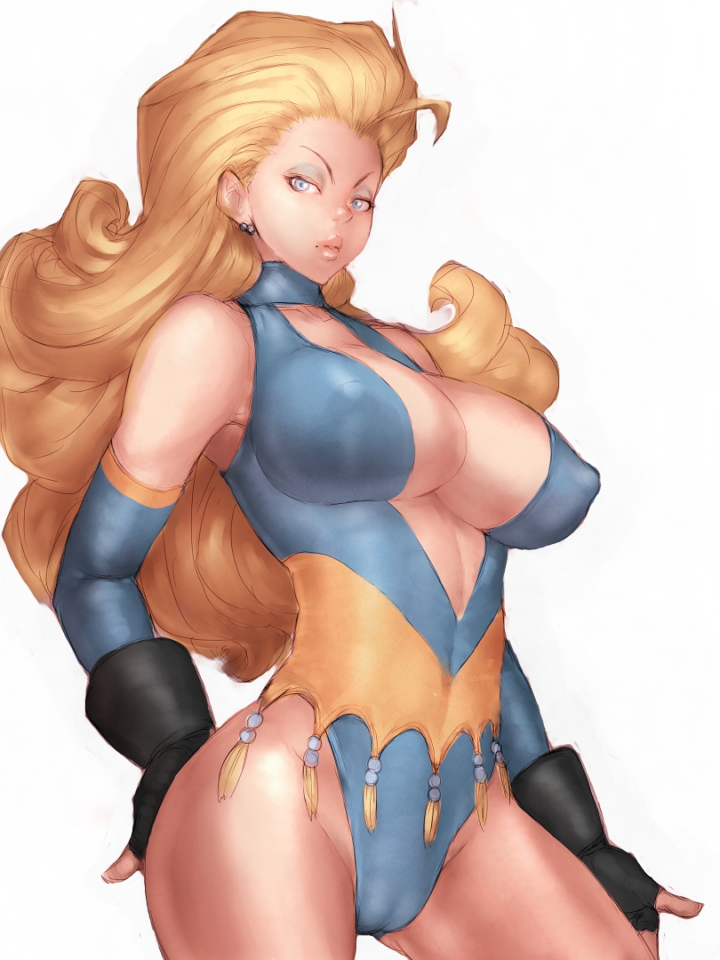 ahoge armpits ass_visible_through_thighs bare_shoulders beads big_hair black_gloves blonde_hair blue_eyes blue_leotard breasts cameltoe center_opening cleavage cleavage_cutout closed_mouth covered_nipples cowboy_shot curly_hair detached_sleeves earrings eyeshadow fingerless_gloves fumio_(rsqkr) gloves groin halterneck hand_on_ass highleg highleg_leotard jewelry large_breasts legs_apart leotard lips looking_at_viewer makeup mary_ivonskya simple_background solo standing stud_earrings tassel tobal_no._1 turtleneck white_background