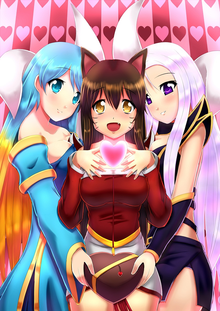 ahri animal_ears blonde_hair blue_hair blush bracer breasts brown_eyes brown_hair cleavage detached_sleeves dress facial_mark fang fox_ears fox_tail heart large_breasts lavender_hair league_of_legends long_hair medium_breasts multicolored_hair multiple_girls multiple_tails open_mouth purple_eyes skirt smile sona_buvelle syndra tail two-tone_hair valentine very_long_hair whisker_markings xano