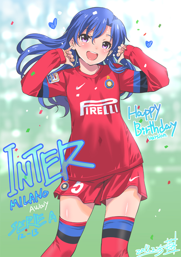 2013 :d birthday blue_hair blush clothes_writing confetti covered_navel dated fc_internazionale_milano flat_chest hair_flip happy_birthday heart idolmaster idolmaster_(classic) inoue_sora italian kisaragi_chihaya long_hair long_sleeves nike open_mouth purple_eyes red_legwear revision serie_a shorts signature smile soccer soccer_uniform solo sportswear sweat thighhighs