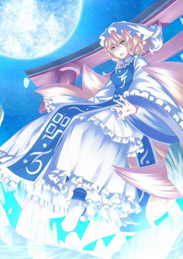 bad_id bad_pixiv_id blonde_hair dress flying fox_tail full_moon hat long_sleeves looking_at_viewer moon multiple_tails night open_mouth sky solo tabard tail tamahana torii touhou white_dress wide_sleeves yakumo_ran yellow_eyes