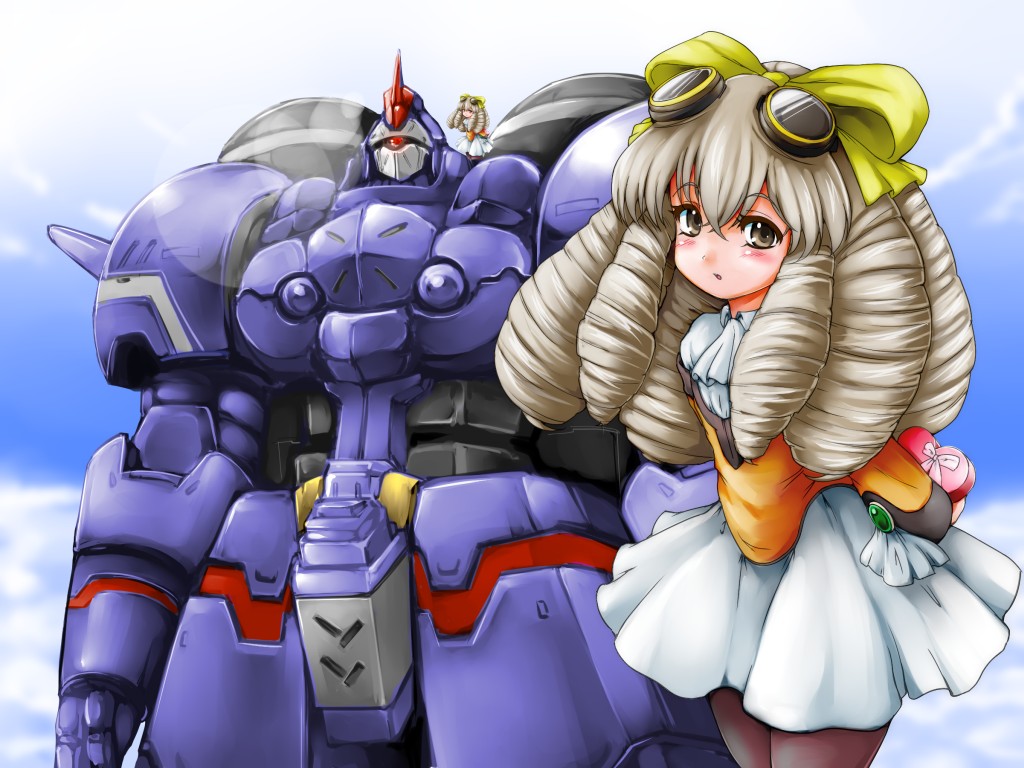 bad_id bad_pixiv_id blush bow brown_eyes brown_hair dress drill_hair goggles goggles_on_head hair_bow hito_noma long_hair maria_balthasar mecha pantyhose seibzehn size_difference solo valentine white_dress xenogears yellow_bow