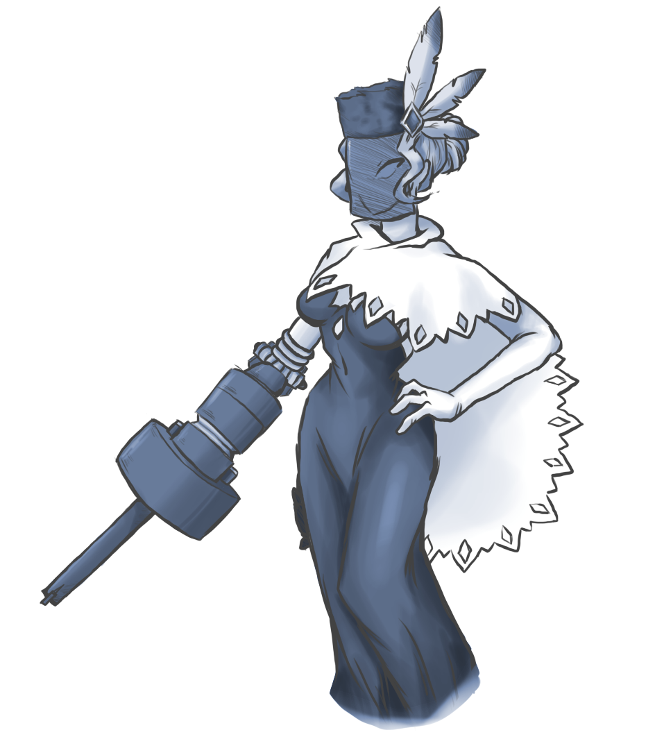 black_dahlia breasts dress elbow_gloves full_body gloves grenade_launcher hair_bun hand_on_hip hat hat_feather large_breasts long_dress skullgirls solo veil water_(aquabubbles) weapon