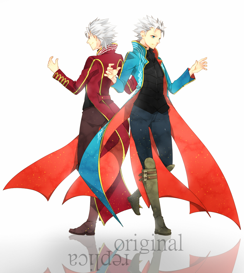 blue_eyes blue_jacket boots devil_may_cry dual_persona haine_(howling) jacket long_coat multiple_boys palette_swap red_jacket short_hair vergil white_hair