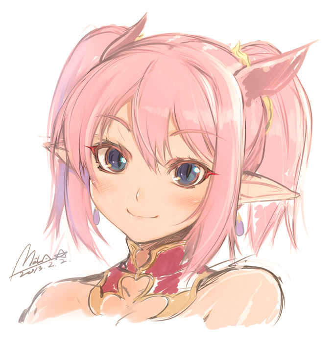 2013 bare_shoulders blue_eyes blush closed_mouth dated detached_collar earrings eyebrows face head_tilt horns jewelry lilim_(shingeki_no_bahamut) looking_at_viewer mel/a pink_hair pointy_ears portrait scrunchie shingeki_no_bahamut short_twintails signature sketch slit_pupils smile solo twintails white_background