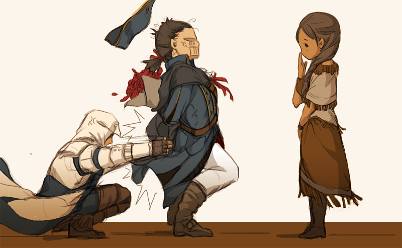 2boys assassin's_creed_(series) assassin's_creed_iii bouquet brown_hair cape coat connor_kenway family father_and_son flower fringe_trim gloves hat haytham_kenway hood hood_up kanchou kaniehti:io long_hair mother_and_son multiple_boys sunny_(mnbvjkuy) time_paradox tricorne
