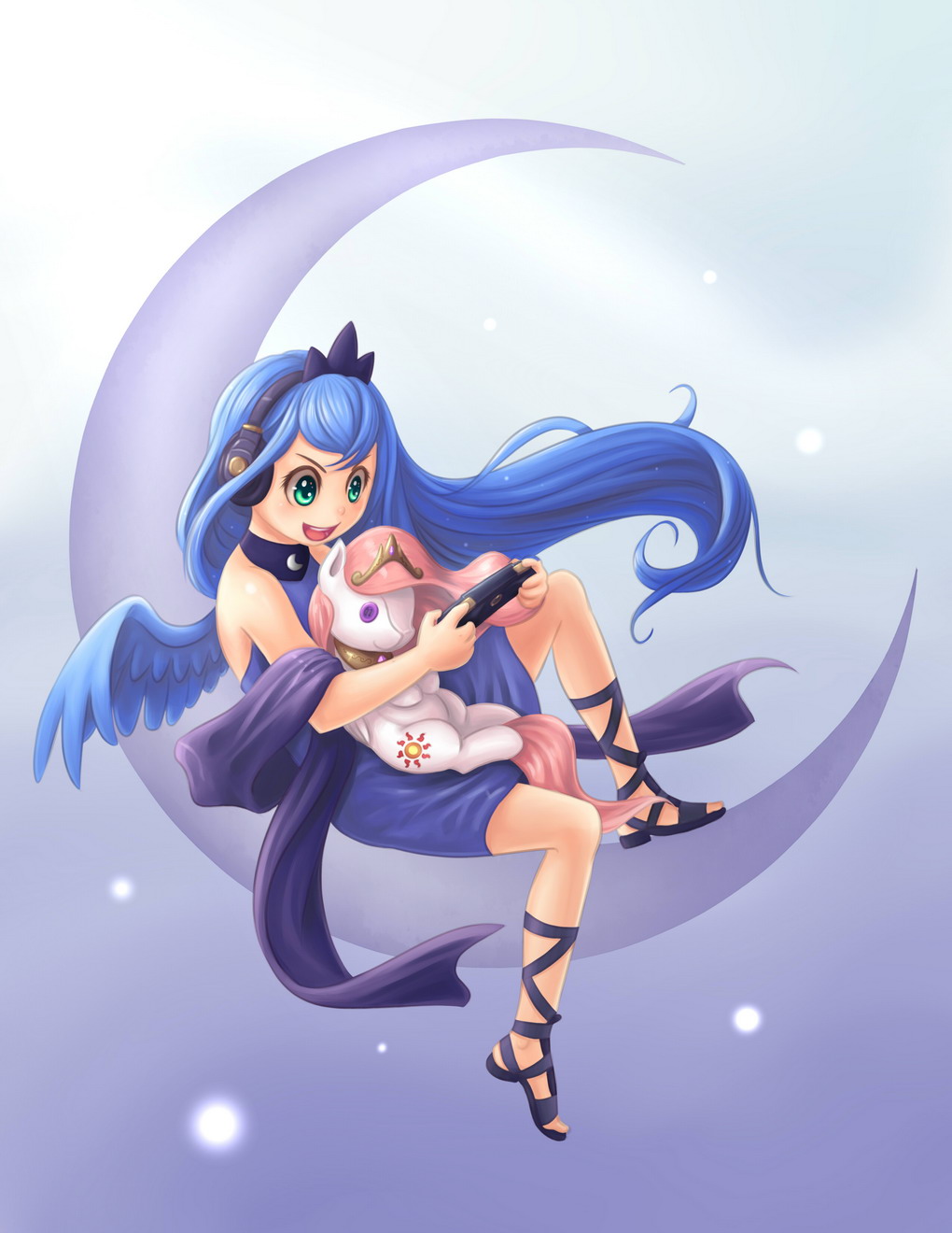 1girl bare_shoulders blue_hair celestia_(my_little_pony) character_doll crescent dress green_eyes headphones highres long_hair luna_(my_little_pony) my_little_pony my_little_pony_friendship_is_magic objectification open_mouth personification sandals shoes smile solo tiara wings