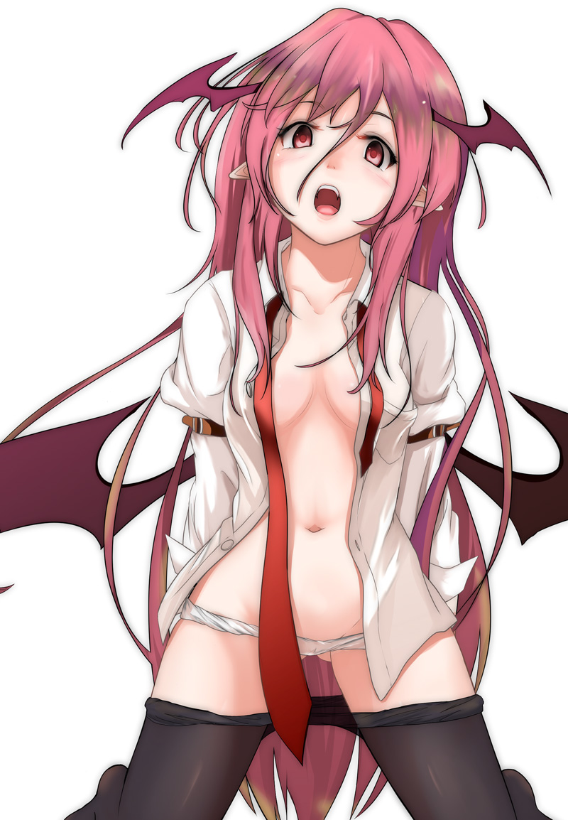 bat_wings black_hair blush breasts collarbone dress_shirt head_wings kneeling koakuma long_hair looking_at_viewer low_wings navel necktie no_bra no_pants open_clothes open_mouth open_shirt panties pantyhose pantyhose_pull pointy_ears red_eyes red_hair red_neckwear shiina_shian shirt simple_background small_breasts solo touhou underwear undone_necktie white_background white_panties wings