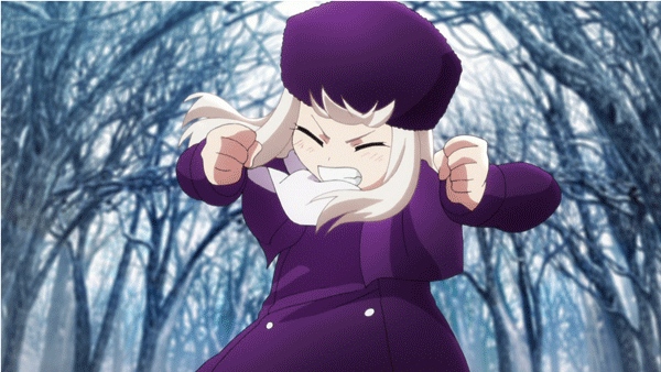 animated animated_gif clenched_teeth coat fate/zero fate_(series) hat illyasviel_von_einzbern long_hair purple_hat red_eyes solo tantrum teeth white_hair winter_clothes