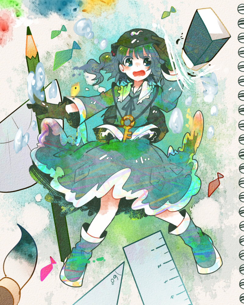 backpack bag blue_eyes blue_hair blush boots brush bubble eraser fish hair_bobbles hair_ornament hat itomugi-kun kawashiro_nitori key open_mouth pencil protractor ruler short_hair skirt solo touhou triangle two_side_up