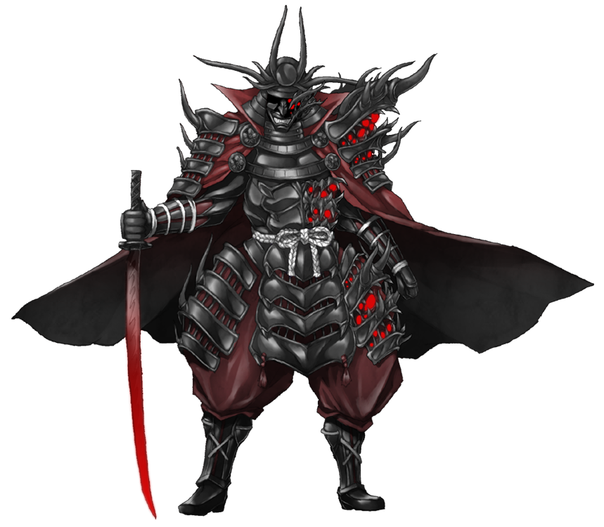 aku-shin-kage armor cape cthulhu_mythos full_body helmet japanese_armor male_focus mazeran nyarlathotep original solo sword transparent_background weapon