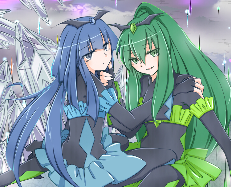 bad_end_beauty bad_end_march bad_end_precure black_bodysuit blue_eyes blue_hair blue_skirt bodysuit crystal fingerless_gloves frills gem gloves green_eyes green_hair hand_on_another's_chin hand_on_shoulder head_wings jappo long_hair multiple_girls open_mouth ponytail precure skirt smile_precure! tiara very_long_hair