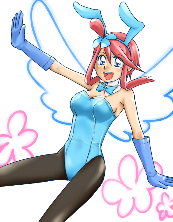 animal_ears black_legwear blue_eyes blue_leotard bow bowtie breasts bunny_ears bunny_girl bunnysuit cleavage flower fuuro_(pokemon) gloves gym_leader hair_ornament leotard medium_breasts mi_k30 open_mouth pantyhose pokemon pokemon_(game) pokemon_bw red_hair short_hair smile solo wings wrist_cuffs