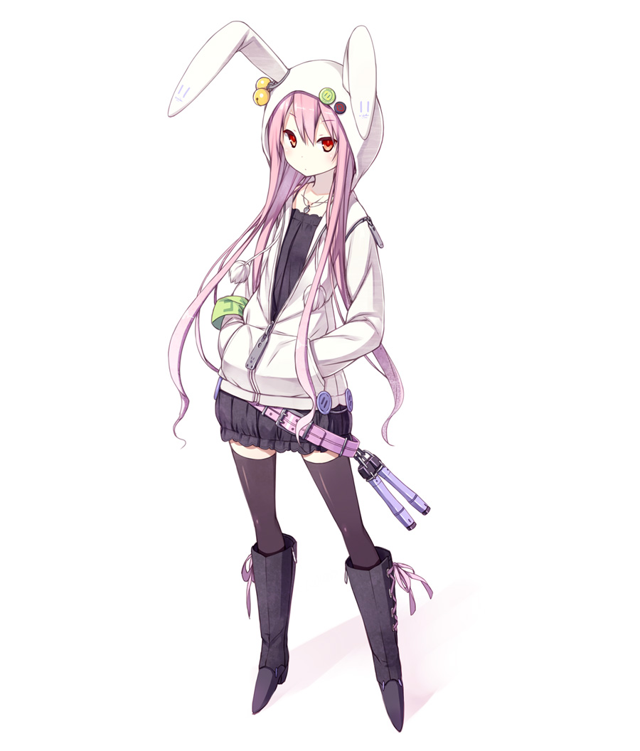 animal_hood black_legwear boots bunny_hood hands_in_pockets hood hoodie jewelry long_hair necklace nunchaku original pink_hair poco_(asahi_age) red_eyes simple_background skirt solo thighhighs weapon white_background