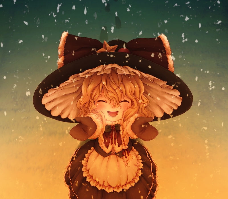 :d ^_^ blonde_hair bow braid closed_eyes dress footprints gloves hat hat_bow karioda kirisame_marisa long_hair mittens open_mouth smile snowing solo standing star touhou witch_hat younger