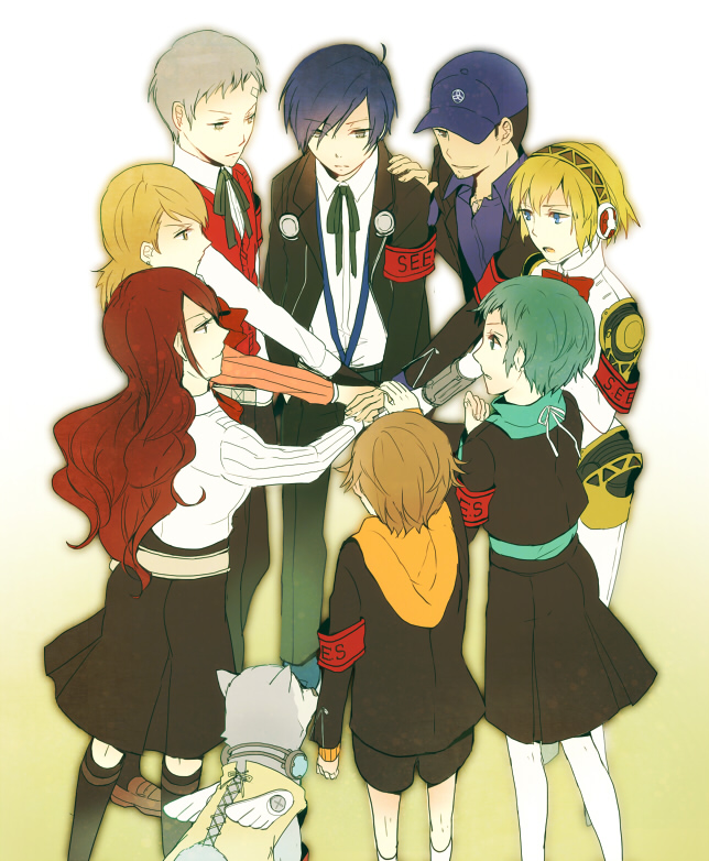 4girls aegis_(persona) amada_ken android animal aqua_eyes aqua_hair armband bandages blonde_hair blue_eyes blue_hair bow brown_eyes brown_hair digital_media_player dog grey_hair hair_over_one_eye hat iori_junpei kirijou_mitsuru koromaru long_hair mentaishi multiple_boys multiple_girls pantyhose persona persona_3 red_hair ribbon s.e.e.s sanada_akihiko school_uniform short_hair skirt smile takeba_yukari yamagishi_fuuka yuuki_makoto