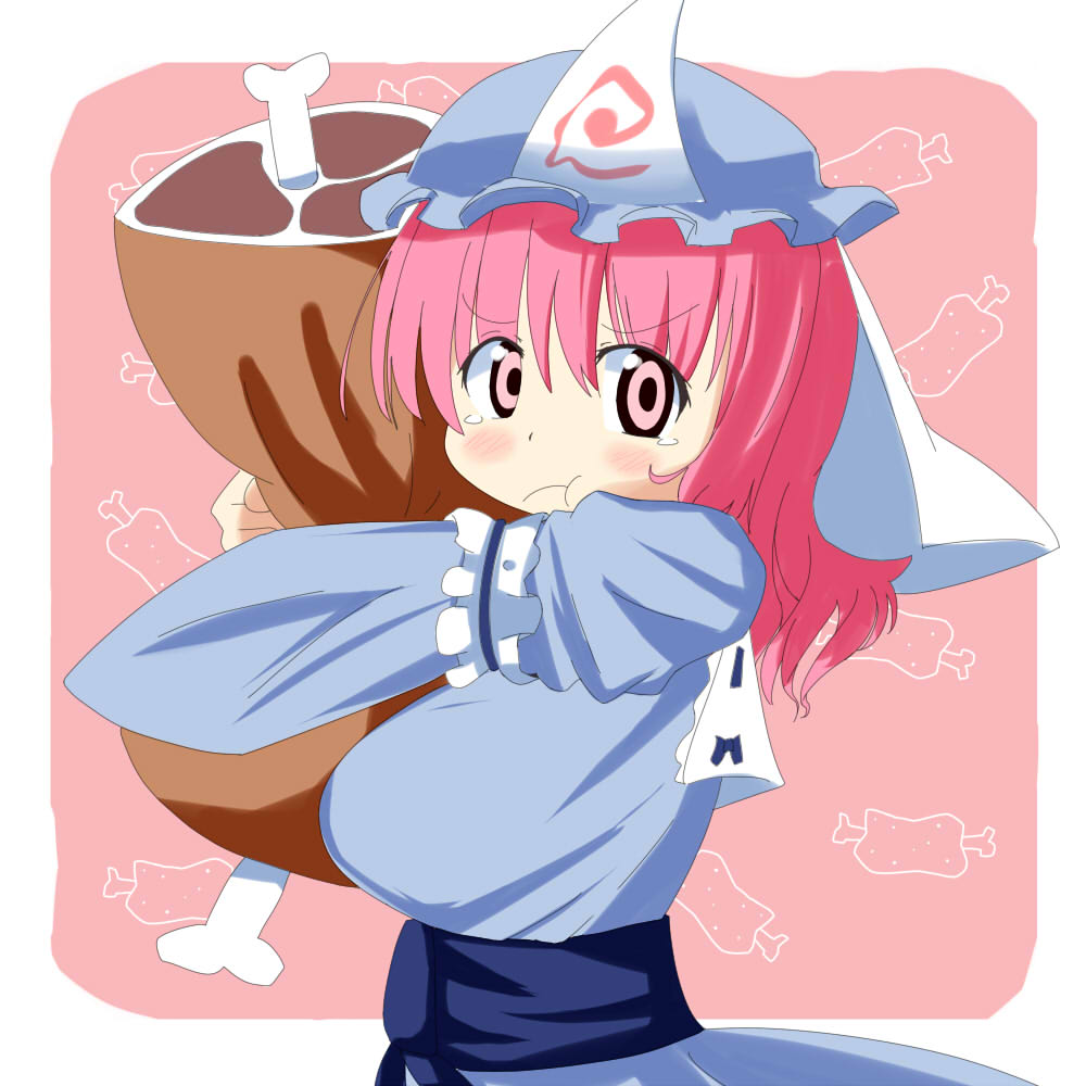 :t boned_meat chamayy food hat japanese_clothes looking_at_viewer meat pink_eyes pink_hair pout saigyouji_yuyuko short_hair solo touhou triangular_headpiece