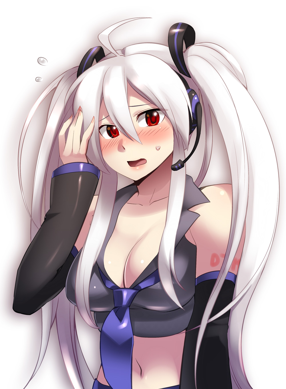 ahoge breasts caffein cleavage detached_sleeves headset highres large_breasts long_hair midriff red_eyes silver_hair solo surprised sweatdrop twintails vocaloid voyakiloid yowane_haku