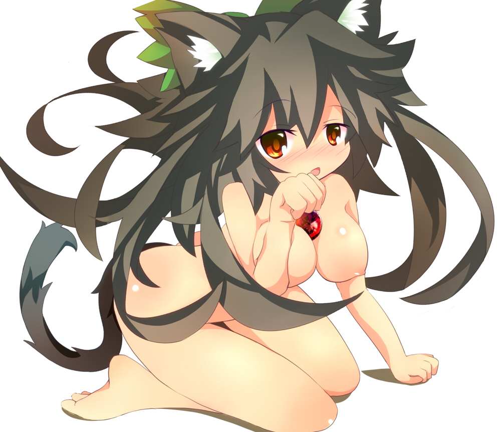 animal_ears black_hair blush bow breast_press breasts brown_eyes cat_ears cat_tail hair_bow kemonomimi_mode large_breasts long_hair looking_at_viewer nude open_mouth paw_pose reiuji_utsuho sitting solo tail third_eye touhou very_long_hair zamudelin