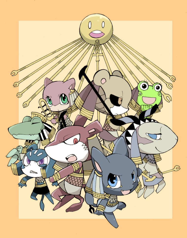 5boys animal_ears animal_head ankh anubis aten_(mythology) bad_id bad_pixiv_id bastet black_eyes blue_eyes cat_ears chibi closed_eyes crocodile crocodilian egyptian_clothes egyptian_mythology fang frog god goddess green_eyes heqet heryshaf ikuchi_osutega instrument jackal jackal_ears jackal_tail lion lion_ears maahes multiple_boys multiple_girls open_mouth original purple_eyes red_eyes sekhmet set_(mythology) sharp_teeth sheep sistrum sobek staff sun_(symbol) tail teeth yellow_eyes