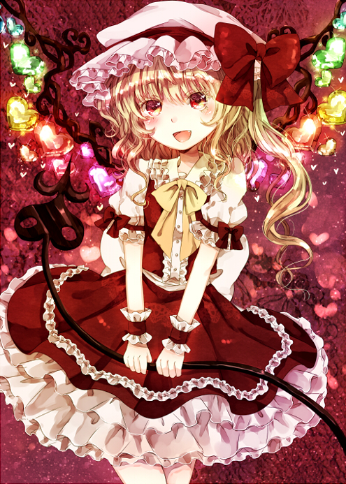 alternate_wings bad_id bad_pixiv_id blonde_hair blush bow fang flandre_scarlet glowing glowing_wings hat hat_bow heart jaku_sono laevatein looking_at_viewer open_mouth puffy_sleeves red_eyes shirt short_sleeves side_ponytail skirt skirt_set smile solo touhou v_arms vest wings wrist_cuffs