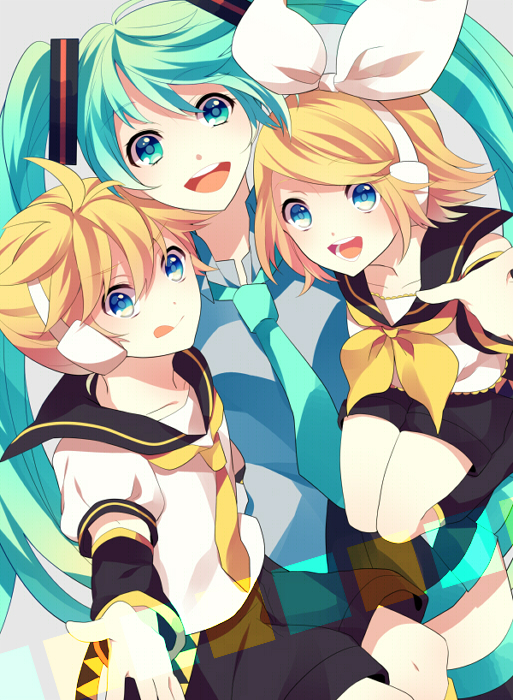 2girls :q achiki aqua_eyes aqua_hair ascot bad_id bad_pixiv_id blonde_hair blue_eyes bow brother_and_sister collarbone detached_sleeves green_eyes green_hair hair_bow hatsune_miku headphones kagamine_len kagamine_rin long_hair looking_at_viewer multiple_girls necktie open_mouth short_hair siblings smile tongue tongue_out twintails very_long_hair vocaloid