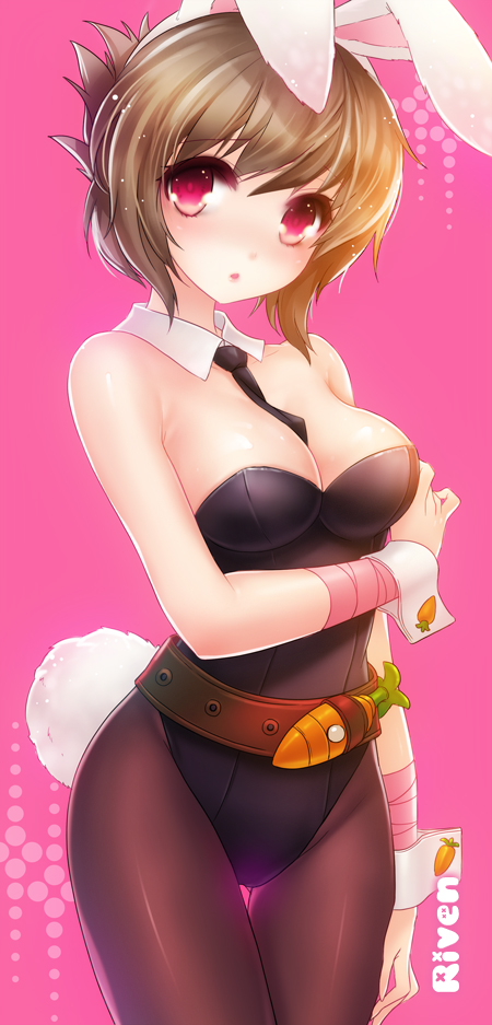 animal_ears bad_id bad_pixiv_id battle_bunny_riven belt between_breasts black_legwear blush breasts brown_hair bunny_ears bunny_girl bunny_tail bunnysuit cleavage detached_collar folded_ponytail keikazz large_breasts league_of_legends looking_at_viewer necktie necktie_between_breasts pantyhose pink_eyes riven_(league_of_legends) short_hair solo tail wrist_cuffs