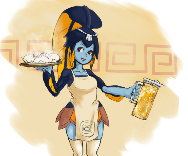 apron bangs baozi blue_skin blunt_bangs fish_girl food hair_ornament minette_(skullgirls) monster_girl purple_eyes shell skullgirls smile solo thighhighs