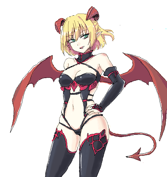 bare_shoulders black_legwear blonde_hair bridal_gauntlets choker demon_girl demon_tail demon_wings green_eyes hand_on_hip harness horns isaki_(gomi) mizuhashi_parsee navel oekaki pointy_ears short_hair simple_background smile solo succubus tail thighhighs touhou white_background wings