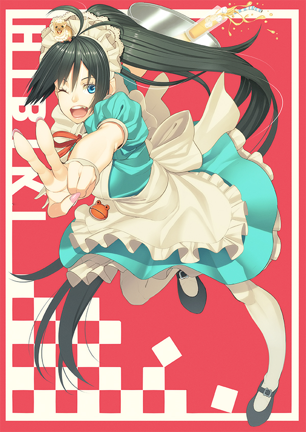 alternate_costume animal apron bad_id bad_pixiv_id black_hair blue_eyes enmaided ganaha_hibiki glass hamster hamuzou idolmaster idolmaster_(classic) long_hair maid maid_headdress ogino_(oginogino) one_eye_closed open_mouth pantyhose ponytail tray v very_long_hair waist_apron white_legwear