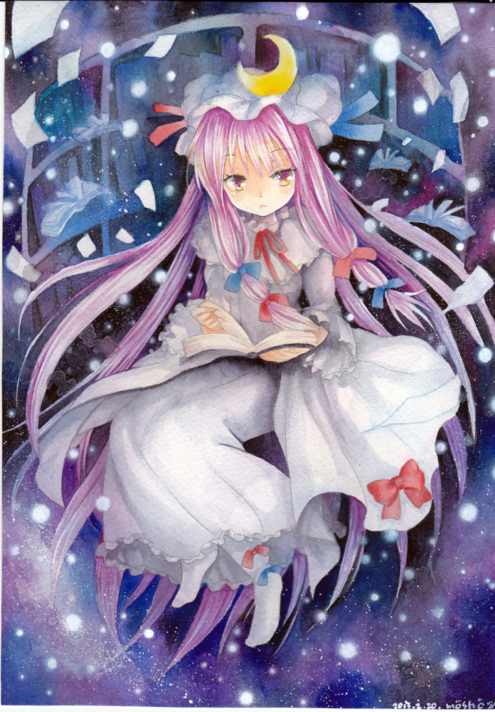 artist_name book crescent dated hat long_hair mosho patchouli_knowledge purple_eyes purple_hair ribbon signature solo touhou traditional_media watercolor_(medium)