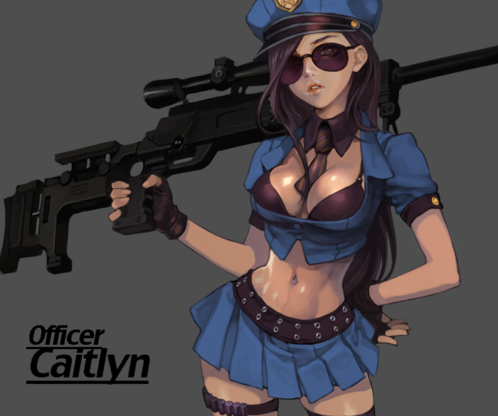 between_breasts black_bra bra breasts brown_hair caitlyn_(league_of_legends) character_name cleavage collar crop_top elpenlit fingerless_gloves glasses gloves grey_background gun hand_on_hip hat league_of_legends long_hair medium_breasts midriff navel necktie officer_caitlyn open_clothes parted_lips police police_hat police_uniform policewoman rifle scope shiny shiny_skin skirt sniper_rifle solo sunglasses thigh_strap underwear uniform weapon