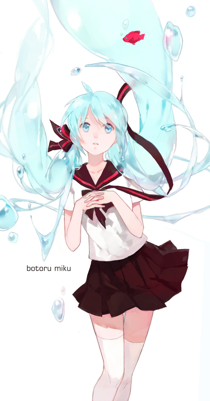 aqua_eyes aqua_hair bottle_miku character_name cotta fish floating_hair hands_clasped hatsune_miku highres liquid_hair long_hair own_hands_together school_uniform serafuku simple_background skirt solo thighhighs twintails very_long_hair vocaloid water white_background